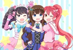  3girls :d ;d black_hair blue_eyes bow brown_eyes brown_hair check_(check_book) claw_pose cross-laced_clothes dress elbow_gloves fangs fur_trim gaaruru_(pripara) girl_sandwich gloves green_eyes hair_ornament hairband hairbow hand_on_own_hip hug juliet_sleeves kurosu_aroma long_hair long_sleeves multiple_girls oerba_yun_fang one_eye_closed open_mouth pink_gloves pink_hair pretty_series pripara puffy_short_sleeves puffy_sleeves sandwiched shiratama_mikan short_sleeves sidelocks smile star_(symbol) striped striped_background twintails vertical_stripes 