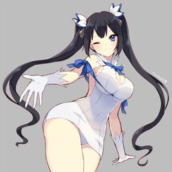  ;) artist_name black_hair blue_eyes blue_ribbon breasts cleavage commentary dress dungeon_ni_deai_wo_motomeru_no_wa_machigatteiru_darou_ka female gloves hair_ribbon hestia_(danmachi) himaya large_breasts long_hair looking_at_viewer one_eye_closed pencil_dress rei_no_himo ribbon simple_background smile twintails white_gloves 