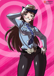  abstract_background animal_print belt_buckle black_pants blue_shirt breast_pocket breasts brown_eyes brown_hair buckle collared_shirt commentary contrapposto cowboy_shot d.va_(overwatch) english_commentary facepaint facial_mark female female_service_cap gloves grin hand_on_headwear hand_on_own_hip highres kukuruyo lazy_eye long_hair long_sleeves looking_at_viewer medium_breasts necktie officer_d.va official_alternate_costume overwatch overwatch_1 pants patreon_logo pink_background pocket rabbit_print shirt smile solo standing striped striped_necktie swept_bangs watermark web_address whisker_markings white_gloves 