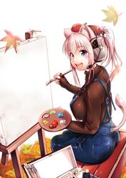  :d absurdres acorn acorn_hair_ornament animal_ears autumn_leaves beret blush breasts bug canvas_(object) cat_ears cat_tail chestnut commentary_request denim dragonfly easel female fingerless_gloves food-themed_hair_ornament from_side ganari_ryuu gloves green_eyes hair_ornament hat headphones headset highres holding large_breasts leaf long_hair long_sleeves looking_at_viewer maple_leaf open_mouth original overalls paint paintbrush painter_(stereotype) painting_(action) palette_(object) pink_hair pocket ponytail sitting smile solo super_tama_musume tail tail_through_clothes tamatoys 