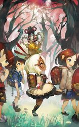  2boys 4girls bag commentary_request dark_skin dress fingerless_gloves flower flute frilled_dress frills glasses gloves grass guardian_(zelda) hair_ornament highres instrument lolicon multiple_boys multiple_girls orange_eyes purah red-framed_eyewear round_eyewear school_bag sheikah shoes short_hair socks the_legend_of_zelda the_legend_of_zelda:_breath_of_the_wild thighhighs tree white_hair yogurt_bakudan zettai_ryouiki 