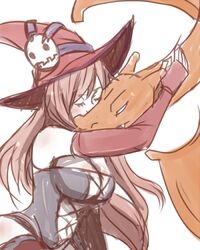  bad_link breasts charizard cleavage closed_eyes corset crossover elbow_gloves female fingerless_gloves gloves hat hug large_breasts long_hair lowres luminous_arc pink_hair pokemon pokemon_(creature) simonadventure vanessa_(luminous_arc) witch witch_hat 