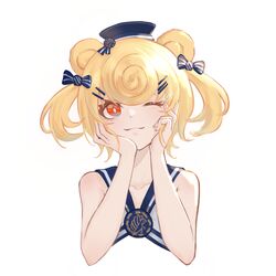  animal_ears arknights bare_arms bear_ears blonde_hair blue_bow blue_hat blue_shirt bow closed_mouth collarbone commentary_request cropped_torso female gummy_(arknights) gummy_(summer_flowers)_(arknights) hair_ornament hairbow hairclip hands_on_own_face hat highres looking_at_viewer mini_hat nekonomi official_alternate_costume one_eye_closed red_eyes shirt short_hair simple_background sleeveless sleeveless_shirt smile solo sparkle upper_body white_background 