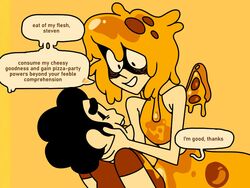  2023 cartoon_network creepy dialogue discount-supervillain duo english_text female food food_creature food_humanoid gem_(species) holding_face human humanoid humor lapis_lazuli_(steven_universe) male mammal not_furry pepperoni_pizza pseudo_hair steven_quartz_universe steven_universe text young 