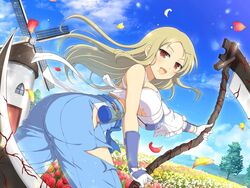  armor ass belt_pouch blonde_hair blue_hakama blue_sky blush breasts building cloud day door falling_petals female field flower flower_field frilled_kimono frills gessen_academy_uniform gloves hair_ornament hairclip hakama holding holding_scythe holding_weapon house huge_weapon japanese_armor japanese_clothes kimono kote large_breasts leaf light_particles long_hair looking_at_viewer mole mole_under_mouth mountain mountainous_horizon muneate official_alternate_costume official_art open_mouth outdoors petals pink_flower pink_tulip pouch red_eyes red_flower red_tulip scythe senran_kagura senran_kagura_new_link senran_kagura_shinovi_versus shiki_(senran_kagura) shiny_skin sky smile solo sparkle third-party_source tongue torn_clothes torn_hakama torn_kimono tree tulip underboob weapon white_flower white_gloves white_kimono white_tulip windmill window wrist_bow yaegashi_nan yellow_flower yellow_tulip 