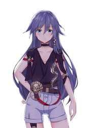  bare_shoulders belt black_choker black_shirt blue_eyes blue_hair chinese_clothes choker closed_mouth clothing_cutout dragon_print female fu_hua fu_hua_(night_squire) fu_hua_(rustic_noir) grey_hair hair_between_eyes hair_ornament hand_on_own_hip honkai_(series) honkai_impact_3rd light_blush long_hair looking_at_viewer low-cut_armhole multiple_belts official_alternate_costume red_rope rope shirt shorts side_cutout simple_background sleeveless sleeveless_shirt solo thighs white_background white_shorts xiao_fei yellow_belt 