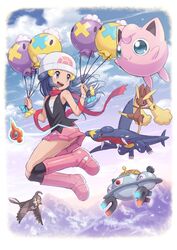  absurdres alternate_color beanie black_sclera black_socks blue_hair blush boots border brown_fur colored_sclera commentary_request dawn_(pokemon) drifloon female flying garchomp hair_ornament hairclip hat highres holding jigglypuff knee_boots kneehighs long_hair lopunny magnezone mountain open_mouth outdoors pink_footwear pink_skirt pokemoa pokemon pokemon_(creature) pokemon_dppt purple_eyes rotom rotom_(normal) scarf shiny_and_normal shiny_pokemon skirt sleeveless socks staravia white_border white_headwear 