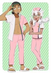  1boy black_eyes black_hair bright_pupils burnet_(pokemon) dark-skinned_male dark_skin djmn_c female green_background hat holding holding_syringe kukui_(pokemon) long_hair nurse nurse_cap open_clothes open_shirt pants pink_pants pokemon pokemon_(anime) pokemon_sm pokemon_sm_(anime) sandals source_request striped striped_background syringe toeless_footwear two-tone_shirt white_hair white_pupils yellow_eyes 