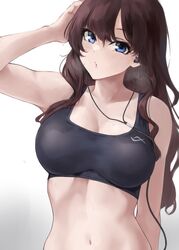  :o absurdres arm_up bad_id bad_twitter_id black_sports_bra blue_eyes blush breasts brown_hair cleavage earphones female highres ichinose_shiki idolmaster idolmaster_cinderella_girls lamp_p9 looking_at_viewer medium_breasts navel simple_background solo sports_bra sweatdrop underwear upper_body white_background 