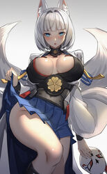  absurdres animal_ears azur_lane blue_eyes blue_skirt blush bottomless breasts breasts_apart cha_hou cleavage clothes_lift commentary_request embarrassed female fox_ears fox_girl fox_mask fox_tail hakama hakama_short_skirt hakama_skirt highres hip_focus holding holding_mask japanese_clothes kaga_(azur_lane) kimono knees large_breasts leg_up lifting_own_clothes long_sleeves looking_at_viewer mask medium_hair multiple_tails no_bra no_panties open_mouth photoshop_(medium) pleated_skirt skirt skirt_lift solo tail thighs white_hair white_kimono wide_sleeves 