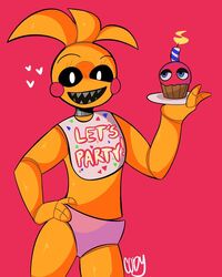  4_fingers animal_humanoid animatronic avian avian_humanoid bib bird black_sclera chicken clothing cody_(artist) cupcake cupcake_(fnaf) duo eyebrows eyelashes fingers five_nights_at_freddy&#039;s five_nights_at_freddy&#039;s_2 food galliform gallus_(genus) half-closed_eyes heart_symbol humanoid looking_at_viewer machine male narrowed_eyes panties phasianid pink_cheeks plate robot scottgames sharp_teeth simple_background smile standing teeth toy_chica_(fnaf) underwear white_eyes yellow_body 