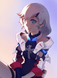  black_gloves blue_eyes braid braided_ponytail closed_mouth female gloves hair_between_eyes hair_ornament hairpin highres honkai_(series) honkai_impact_3rd kallen_kaslana kallen_kaslana_(ritual_imayoh) knxagu long_hair looking_at_viewer single_glove smile solo sunset white_hair 