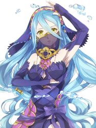  azura_(fire_emblem) azura_(performing_arts)_(fire_emblem) blue_hair commentary_request elbow_gloves female fingerless_gloves fire_emblem fire_emblem_fates fire_emblem_heroes gloves jewelry jurge long_hair looking_at_viewer mouth_veil necklace simple_background solo veil water white_background yellow_eyes 