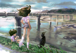  2girls bird black_eyes blouse brown_hair cloud commentary_request cormorant dragon food food_on_face from_behind grass highres holding holding_food industrial kawaguchi_youhei landscape long_hair multiple_girls necktie on_ground onigiri original outdoors photoshop_(medium) pink_shirt pipeline pleated_skirt rice rice_on_face river shirt short_hair short_sleeves sitting skirt sky socks standing water white_legwear wind wyvern 