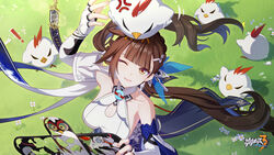  ! anger_vein animal animal_on_head bare_shoulders bird bird_on_head breasts brown_eyes brown_hair chinese_clothes chinese_commentary detached_sleeves earrings female fingerless_gloves flower gloves grass highres holding holding_kite honkai_(series) honkai_impact_3rd jewelry jingwei_(bird) kite large_breasts li_sushang li_sushang_(jade_knight) logo long_hair official_art official_wallpaper on_head one_eye_closed outdoors parted_lips twintails upper_body very_long_hair white_flower white_gloves 