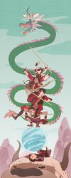  2girls 3boys aang absurdres appa avatar:_the_last_airbender avatar_legends black_hair bo_staff brown_hair burn_scar clenched_teeth dark-skinned_female dark-skinned_male dark_skin dragon eastern_dragon element_bending highres horns katara kinako_(moment) lemur midair momo_(avatar) mountain multiple_boys multiple_girls sandals scar sokka staff teeth toph_bei_fong wind zuko 