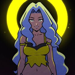  akairiot bare_arms bare_shoulders blue_eyes blue_hair breasts camisole cleavage collarbone crop_top female karen_(pokemon) large_breasts light_blue_hair long_hair midriff parted_bangs pokemon pokemon_hgss solo spaghetti_strap wavy_hair yellow_camisole 