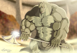  2021 abs anthro arena armor artist_name axe battle_axe big_muscles bottomwear clothing crocodile crocodilian crocodylid digital_media_(artwork) gladiator huge_muscles hyper hyper_muscles leather leather_armor male muscular muscular_anthro muscular_male pteruges reptile reyak_(xxsparcoxx) scalie solo warrior weapon xxsparcoxx 