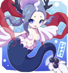  blue_eyes blue_hair blush breasts character_name female izanami_(youkai_watch) large_breasts looking_at_viewer mermaid monster_girl navel no_pupils nollety open_mouth pointy_ears shell shell_bikini solo youkai_(youkai_watch) youkai_watch 