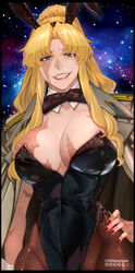  animal_ears balalaika_(black_lagoon) black_lagoon black_leotard blonde_hair blue_eyes breasts detached_collar fake_animal_ears female fingernails fishnet_pantyhose fishnets hand_on_own_hip highres jacket jacket_on_shoulders large_breasts leotard looking_at_viewer night night_sky open_clothes open_jacket open_mouth pantyhose parted_bangs partially_shaded_face playboy_bunny ponytail red_nails scar scar_on_arm scar_on_breasts scar_on_face signature sky solo star_(sky) starry_sky teeth twitter_username yasunososaku 