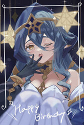  ;o bare_shoulders black_gloves blue_hair blue_hood blue_sleeves blush chestnut_mouth commentary_request detached_sleeves drill_hair drill_sidelocks female genshin_impact gloves gold_choker hair_between_eyes hand_up happy_birthday highres hood hood_up jewelry knee_up knees_up layla_(genshin_impact) light_particles long_bangs long_hair looking_at_viewer mobile moti11kkk29 neck_ring one_eye_closed open_mouth pantyhose pointy_ears sidelocks solo sparkle stellated_octahedron tearing_up twin_drills upper_body white_pantyhose yawning yellow_eyes 