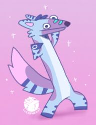  andromorph_(lore) anthro blue_body blue_fur blue_hair canid canine cheek_tuft chibi facial_tuft fox fur hair hi_res luckfoxo33 male mammal meme pink_background pink_body pink_fur purple_body purple_fur simple_background sparkles tolng toothless_dancing trans_(lore) trans_man_(lore) tuft wide_eyed 