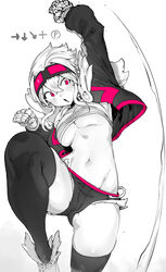  absurdres arrow_(symbol) ass_visible_through_thighs bandaged_hand bandages bandeau black_choker black_thighhighs breasts choker command_input cropped_jacket female goggles goggles_on_head hair_between_eyes hand_wraps highres jacket large_breasts leg_up midriff navel niwamaru_(niwarhythm) niwarhythm open_clothes open_jacket open_mouth original pink_eyes pink_trim punching short_shorts shorts shouryuuken sidelocks solo spot_color standing standing_on_one_leg stomach strapless thighhighs thighs underboob uppercut white_background white_footwear white_hair 