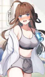  ahoge alternate_costume blurry blurry_background blush breasts brown_hair can character_name cleavage clothes_writing commentary_request double_bun drawstring drink_can female grey_shorts grey_sports_bra hair_bun highres holding holding_can jacket kantai_collection kongou_(kancolle) large_breasts long_hair looking_at_viewer nose_blush off_shoulder open_mouth purple_eyes ranran_3939 shorts soda_can solo speech_bubble sports_bra translation_request white_jacket 