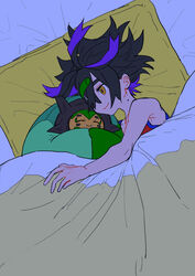  abota bed closed_eyes digital_drawing_(artwork) digital_media_(artwork) duo elemental_creature female female_on_human flora_fauna furniture generation_9_pokemon happy hi_res hug human human_on_humanoid humanoid interspecies kieran_(pokemon) legendary_pokemon male male/female male_on_humanoid mammal nintendo ogerpon on_bed plant pokemon pokemon_(species) pokephilia sleeping_together smile teal_mask_ogerpon 