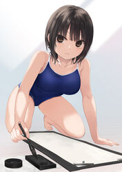  all_fours aoyama_sumika barefoot black_hair blue_one-piece_swimsuit breasts brown_eyes calligraphy_brush coffee-kizoku commentary_request competition_school_swimsuit female full_body highres holding holding_brush holding_calligraphy_brush holding_paintbrush ink inkstone kakizome medium_breasts one-piece_swimsuit original paintbrush school_swimsuit short_hair solo swimsuit 