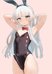  alternate_costume animal_ears arms_up black_leotard blunt_bangs blush bow bowtie breasts closed_mouth covered_navel detached_collar fake_animal_ears female grey_eyes grey_hair hands_in_hair highleg highleg_leotard kantai_collection leotard long_hair pink_background playboy_bunny rabbit_ears red_bow red_bowtie sakieko shirakumo_(kancolle) simple_background small_breasts solo strapless strapless_leotard very_long_hair 