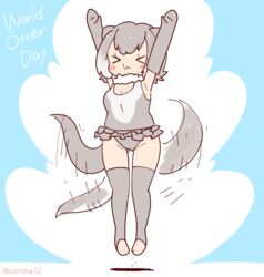  animal_ears arms_up blue_background coroha elbow_gloves extra_ears female full_body gloves grey_hair jumping kemono_friends looking_at_viewer otter_ears otter_girl otter_tail scarf short_hair simple_background small-clawed_otter_(kemono_friends) solo swimsuit tail thighhighs 