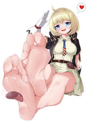  absurdres ahoge american_flag american_flag_print barefoot belt black_jacket blonde_hair blue_eyes blush breasts chashuwu collared_shirt commentary disembodied_tongue feet female flag_print foot_focus full_body girls&#039;_frontline gloves heart highres holster jacket large_breasts legs licking licking_foot looking_at_viewer m1911_(girls&#039;_frontline) necktie open_mouth pleated_skirt print_necktie salute shirt short_hair short_sleeves simple_background sitting skirt smell smile soles solo_focus spoken_heart steaming_body sweat toenails toes variant_set white_background white_gloves white_shirt white_skirt 