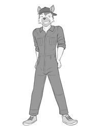  3:4 anthro backwards_baseball_cap backwards_hat baseball_cap clothed clothing coveralls footwear full-length_portrait fully_clothed fuze fuzeyeen greyscale hat headgear headwear hi_res hyena male mammal monochrome portrait shoes simple_background solo spotted_hyena white_background 