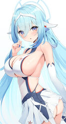  absurdres ass azur_lane bare_shoulders blue_eyes blue_hair breasts constellation_(azur_lane) cowboy_shot detached_sleeves female headgear highres humo long_hair looking_at_viewer looking_back open_mouth pleated_skirt sideboob simple_background skirt solo very_long_hair white_background white_skirt 