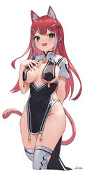  absurdres animal_ears arm_behind_back arpeggio_kaga bare_hips bell blush breast_curtains breastless_clothes breasts breasts_apart cat_ears cat_girl cat_tail china_dress chinese_clothes covered_nipples cowboy_shot cropped_legs double-parted_bangs dress female green_eyes hair_ornament hairclip hand_on_own_chest high-waist_dress high_collar highres loincloth long_hair looking_at_viewer medium_breasts multicolored_hair neck_bell oerba_yun_fang open_mouth original red_hair short_sleeves shrug_(clothing) sidelocks simple_background skin_fang smile solo streaked_hair tail tassel thighhighs two-tone_dress white_background 