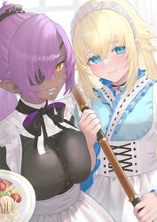  2girls absurdres apron black_bow black_bowtie black_dress black_scrunchie blonde_hair blue_eyes bow bowtie breasts commission dark-skinned_female dark_elf dark_skin dress elf eyepatch food fork hair_ornament hair_scrunchie highres long_hair maid maid_headdress multiple_girls original plate pointy_ears ponytail purple_hair rushian scrunchie skeb_commission utensil_in_mouth white_apron yellow_eyes 