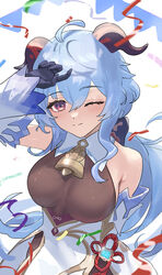  absurdres ahoge arm_up armpit_crease bell blue_hair bodystocking breasts chinese_knot confetti covering_head cowbell detached_sleeves female flower_knot ganyu_(genshin_impact) genshin_impact goat_horns gold_trim hair_between_eyes hand_up highres horns large_breasts long_hair moti11kkk29 neck_bell one_eye_closed pennant purple_eyes sidelocks solo streamers string_of_flags white_background white_sleeves 