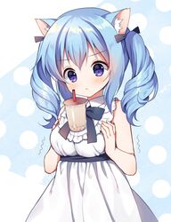  &gt;:( :&lt; animal_ear_fluff animal_ears artist_request blue_hair blush bow bubble_tea_challenge cat_ears cat_girl check_artist closed_mouth commentary_request double-parted_bangs dress female frilled_dress frills hairbow hand_on_own_chest mauve object_on_breast original purple_eyes ronne-chan_(mauve) sash second-party_source solo trembling twintails underbust v-shaped_eyebrows white_dress 