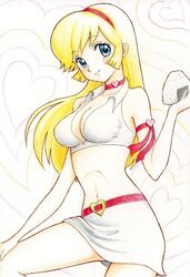  armband blonde_hair blue_eyes blush breasts choker cleavage closed_mouth cof2toto colored_pencil_(medium) commentary_request cutie_honey female food hairband heart heart_background heart_choker holding holding_food jewelry kisaragi_honey long_hair looking_at_viewer medium_breasts miniskirt nagai_gou_(style) navel onigiri re:_cutie_honey red_choker red_hairband skirt smile solo stomach traditional_media white_skirt 