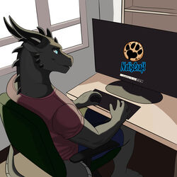  1:1 anthro arkanas_(character) blue_eyes clothing dark_body dark_skin dragon electronics furniture gaming_chair hi_res horn male monitor mythological_creature mythological_scalie mythology netiscraft scalie shirt short_pants sitting solo t-shirt table tail topwear window 