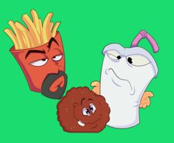  2023 adult_swim animate_inanimate aqua_teen_hunger_force cartoon_network container cup digital_drawing_(artwork) digital_media_(artwork) disgusted_face food food_creature fries frylock green_background group hi_res looking_at_another male master_shake meat meatwad mouth_closed scottforester17 simple_background trio 