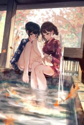  2girls absurdres ashiyu autumn_leaves bare_legs barefoot benevole black_hair blue_eyes blue_kimono blurry blurry_background blush breasts brown_eyes brown_hair closed_mouth commentary_request embarrassed floral_print foot_bath hair_bun highres japanese_clothes kimono legs multiple_girls obi open_mouth original red_kimono sash shorts small_breasts soaking_feet spread_toes toes towel tree water wavy_mouth wet white_shorts yukata yuri 