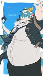  1boy animal_ear_fluff aqua_hair aqua_skin bara beard belly blue_sky book chanomaru character_name chest_hair_peek coat cowboy_shot dragon_boy dragon_horns dragon_tail facial_hair fat fat_man full_beard furry furry_male hand_up highres holding holding_book horns huge_eyebrows long_mustache looking_at_viewer loose_necktie male_focus mature_male moustache multicolored_hair necktie open_clothes open_coat qinglong_(housamo) shirt sky solo striped_necktie tail tokyo_afterschool_summoners two-tone_beard two-tone_hair white_hair white_shirt yellow_eyes 