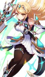  aegis_sword_(xenoblade) aqua_gemstone arm_guards bare_shoulders black_pantyhose blonde_hair breasts chest_jewel closed_mouth commentary_request dress drop_earrings earrings elbow_gloves female gem gloves highres jewelry large_breasts long_hair microdress mythra_(massive_melee)_(xenoblade) mythra_(xenoblade) neon_trim norimaki_(nrmk_norinori) pantyhose sleeveless sleeveless_dress smile solo super_smash_bros. swept_bangs thigh_strap tiara very_long_hair white_dress xenoblade_chronicles_(series) xenoblade_chronicles_2 yellow_eyes 