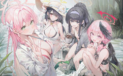  4girls ahoge bikini black_bikini black_hair black_wings blue_archive blush braid breasts cleavage closed_mouth coffee collarbone commentary cup eyes_visible_through_hair feathered_wings flat_chest floral_print green_eyes hair_between_eyes hair_over_one_eye hairband halo hanako_(blue_archive) hanako_(swimsuit)_(blue_archive) hat head_wings highres hinata_(blue_archive) hinata_(swimsuit)_(blue_archive) holding holding_cup hose ice jungle koharu_(blue_archive) koharu_(swimsuit)_(blue_archive) large_breasts long_hair long_sleeves looking_at_viewer low_twintails multiple_girls myung_yi nature official_alternate_costume open_mouth pink_eyes pink_hair pink_halo print_bikini purple_eyes purple_hairband red_bikini red_eyes river shirt signature single_braid small_breasts smile straw_hat swimsuit symbol-only_commentary twintails ui_(blue_archive) ui_(swimsuit)_(blue_archive) water white_shirt wings yellow_halo 