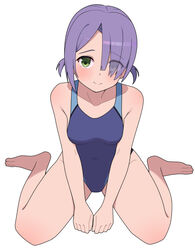  bare_arms bare_legs barefoot between_legs blue_one-piece_swimsuit blush breasts cafe_stella_to_shinigami_no_chou closed_mouth collarbone commentary competition_swimsuit covered_navel eyes_visible_through_hair female full_body green_eyes hair_over_one_eye hand_between_legs highleg highleg_swimsuit hiuchidani_mei looking_at_viewer low_twintails medium_breasts one-piece_swimsuit purple_hair short_hair short_twintails simple_background sitting smile solo split_mouth swimsuit tan thighs twintails v_arms wariza white_background zlmh7okwwbmghfo 