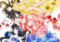  2017 3girls artist_name black_hair blue_dress blue_flower bracelet closed_eyes cover cover_page dress english_text flower glass_slipper hair_flower hair_ornament jewelry long_hair lying multiple_girls naked_ribbon no_bra no_panties on_back on_side original parted_lips purple_flower red_dress red_flower red_footwear ribbon rose see-through sunflower toe_cleavage umishima_senbon yellow_dress yellow_flower yellow_footwear yellow_rose 