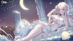  absurdres architecture azur_lane bikini blonde_hair blue_eyes breasts brest_(azur_lane) brest_(marine_muse)_(azur_lane) cleavage column copyright_name crescent_moon english_commentary female greco-roman_architecture hand_in_own_hair highres large_breasts logo long_hair lying manjuu_(azur_lane) milestone_celebration moon night night_sky official_alternate_costume official_art on_side pillar pointy_ears second-party_source showgirl_skirt skirt sky sseli swimsuit water white_bikini white_skirt 