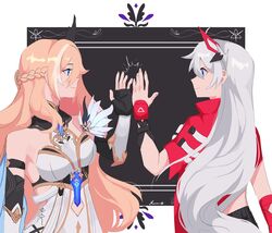  2girls absurdres bare_shoulders bianka_durandal_ataegina bianka_durandal_ataegina_(palatinus_equinox) black_gloves black_headwear blonde_hair blue_eyes braid breasts closed_mouth cowboy_shot detached_sleeves gloves high_five highres honkai_(series) honkai_impact_3rd jacket kiana_kaslana kiana_kaslana_(void_drifter) large_breasts long_hair looking_at_another mararu multicolored_hair multiple_girls official_alternate_costume open_hand red_jacket siblings simple_background sisters smile streaked_hair upper_body white_hair 